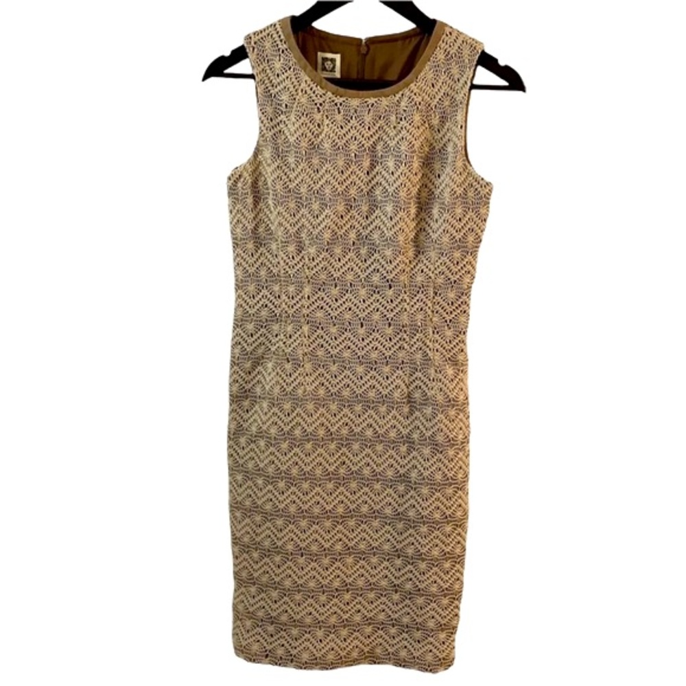 Anne Klein Crocheted Sheath Dress Tan Sleeveless, sz 6